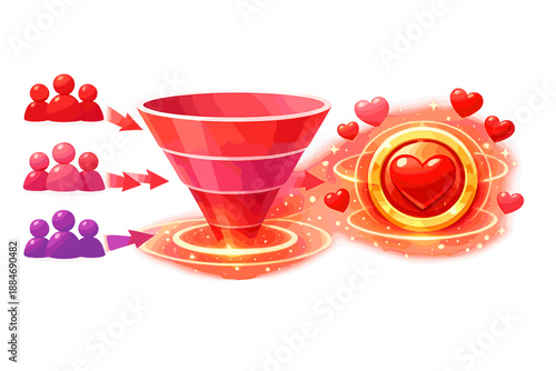 Valentine Marketing Funnel. Gift campaign funnel with audience nodes flowing into a glowing heart target badge, floating hearts