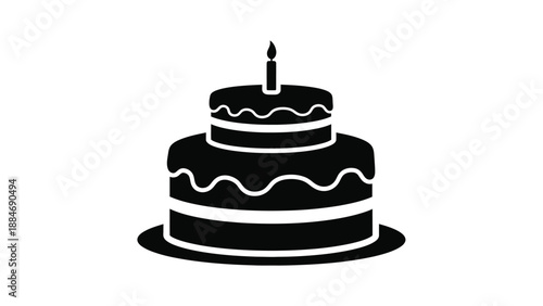 A simple black and white illustration of a tiered birthday cake with a candle