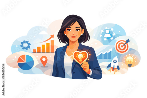 Empowered Women in Business. Business idea vignette with a professional woman holding a glowing lightbulb-heart badge, abstract