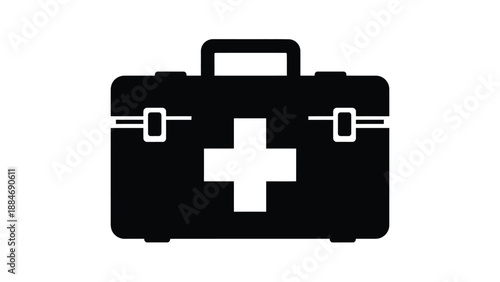 A black and white illustration of a first aid kit with a white cross