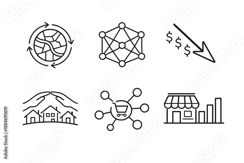 Local Economic Icons. Line style icons of local economic impact: circulation map, resilience mesh, reduced external outflow arrow,