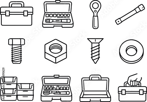 Tool Kit Icons. Line style vector icons of Tool kit: tool case, socket set, ratchet, extension; bolt, nut, screw, washer; organize
