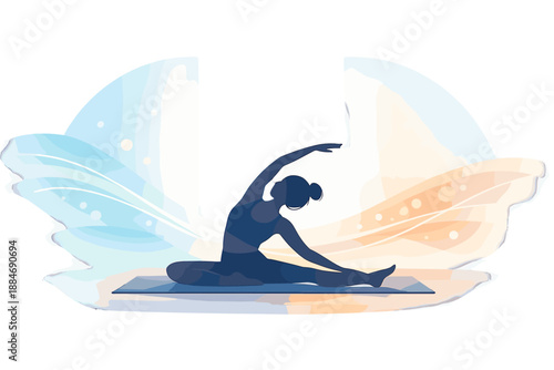 Serene Yoga Silhouette. Yoga and stretch silhouette on a mat near a bright window glow, smooth wave lines and soft bokeh particles