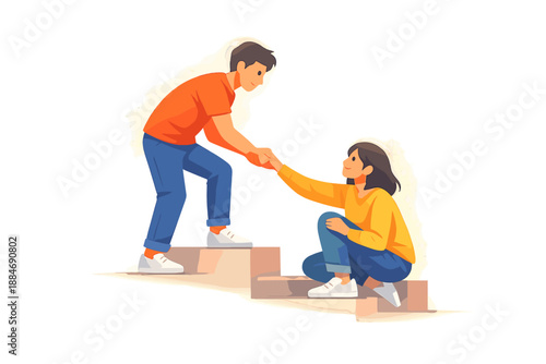 Uplifting Assistance Scene. Person helping another up a step, subtle glow halo and soft sparkle dust suggesting kindness and