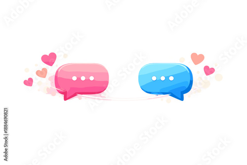 Romantic Connection Glow. Message bubble pair connected by a thin glow line, floating hearts and bokeh particles suggesting warm