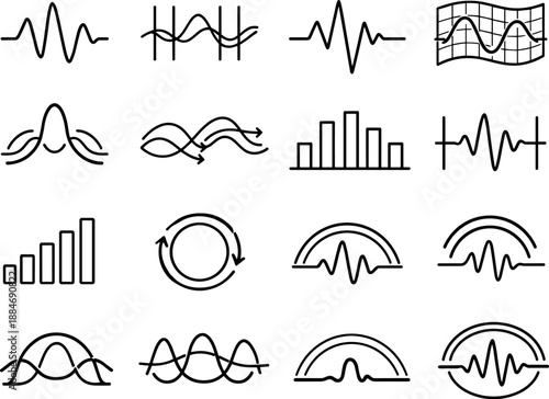 Image Generation. Line style vector icons of customer support service ticket management: rhythm contour, phase band, pulse contour