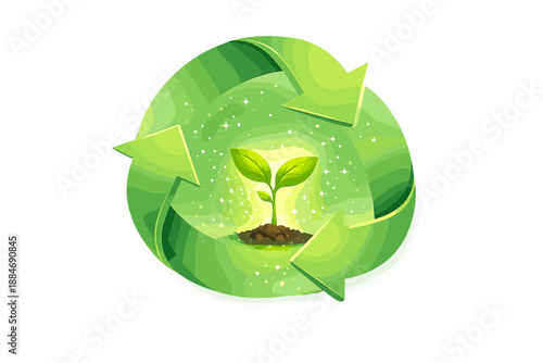 Recycling Renewal Illustration. Recycling loop arrows forming a circle around a glowing seedling, subtle sparkle dust and smooth