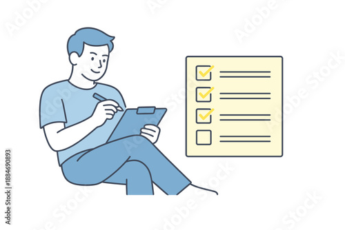 Task Checklist Success. Man sits comfortably checking off completed tasks on a written list Minimalist flat line vector