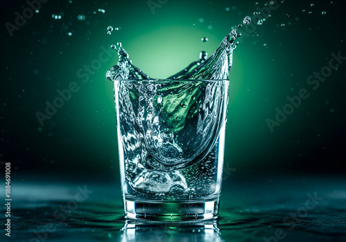 Crystal Clear Water Splash, Glass on Dark Reflective Surface, Fresh Water Illustration, Beverage Concept, Clean Drinking Water Graphic