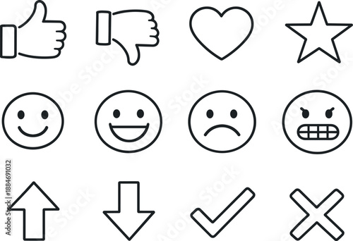 Feedback Icon Grid. Line style vector icons of Feedback reactions: approve, reject, favorite, rate; smile small, smile big, frown,