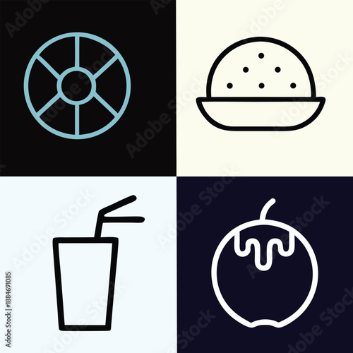 Minimalist Tropical Food and Drink Icon Set - Vector Line Art for Restaurant, Cafe, and Summer Menu Design
