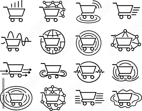 Image Generation. Line style vector icons of online shopping cart payment methods: timing bar, feedback mesh, signal tile,