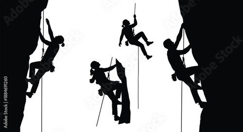 Rock climbing silhouettes with ropes and safety gear, mountaineering teamwork, extreme outdoor adventure sport, professional climbers ascending vertical cliffs