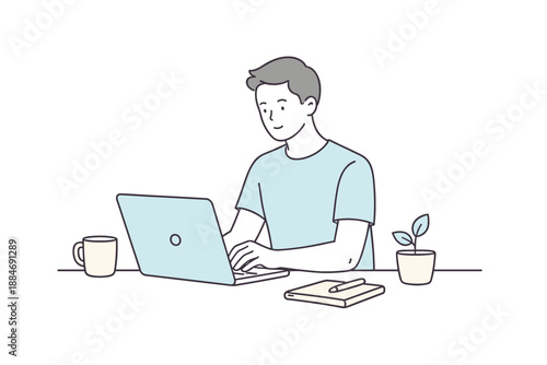 Minimalist Home Office. A man works on a laptop at home, seated comfortably and concentrating on tasks, minimalist flat line