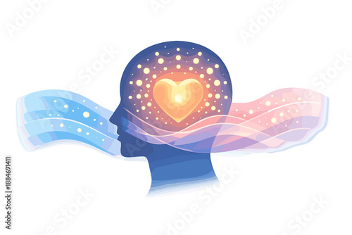 Glowing Heart Tranquility. Calm head silhouette with a glowing heart core and smooth wave lines, glow dots expanding like