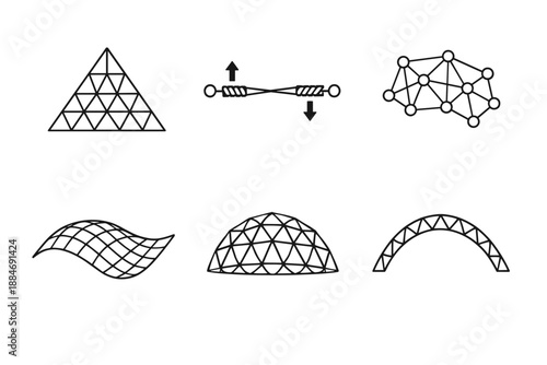 Geodesic Engineering Icons. Line style vector icons of geodesic engineering: triangular facet grid, tension-compression balance,