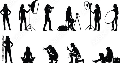 Photography studio silhouette icon set, female photographer lighting equipment poses, camera tripod reflector actions, creative photo production workflow, minimal black vector