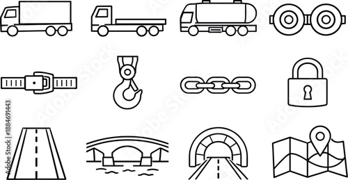 Image Generation. Line style vector icons of Road freight: box truck, flatbed, tanker, axle; strap, hook, chain, lock; highway,