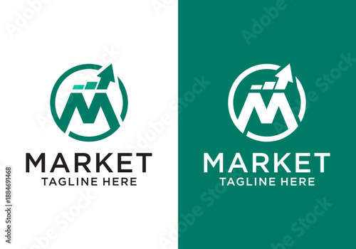 Market vector logo design template. Vector market logo with initial M and growth chart with upward arrow combination.