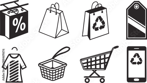 E-commerce Essentials: A collection of various e-commerce icons, including shopping bags, sale tags, and a mobile device with a recycling symbol.