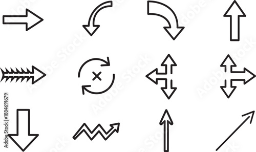 A collection of 12 different black arrow icons on a white background