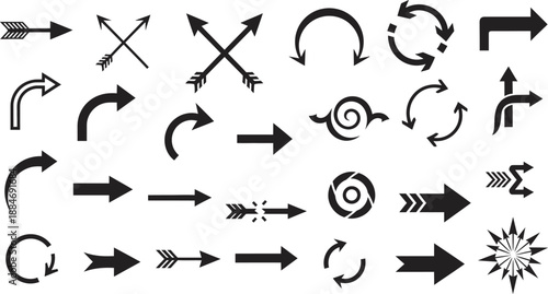 Collection of various black arrows and symbols on a white background for navigation and direction
