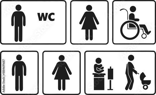 Toilet Sign Icons: A set of informative icons depicting facilities for men, women, individuals with mobility issues, baby care, and family-friendly access.