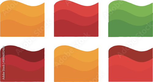 Six colorful square icons with wavy tops arranged in two rows