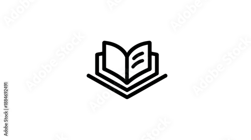 A stylized icon featuring an open book, outlined in black, set against a plain white background