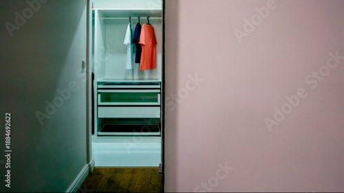 Minimalist wardrobe interior with hanging clothes, open closet in modern apartment hallway, clean home storage space, contemporary lifestyle interior