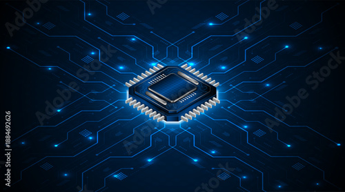 Microchip processor circuit board technology on dark blue background. Information Processing Concept. Circuit board hi-tech technology background. vector illustration