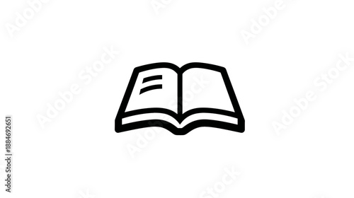 A thick, open book icon with two lines of text on the left page. The design is in black, on a white background