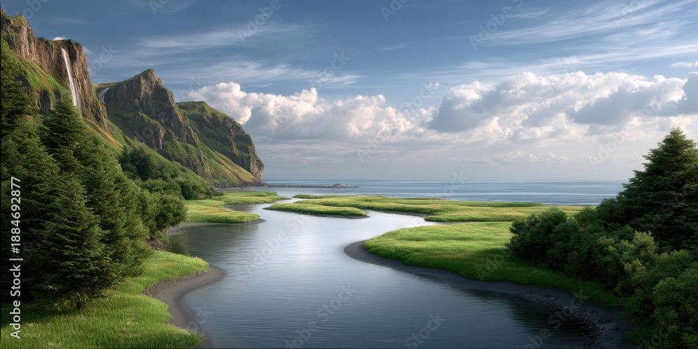 Fototapeta premium Sweeping natural landscape with river green grass mountain blue sky cloud serene peaceful scenic lush water