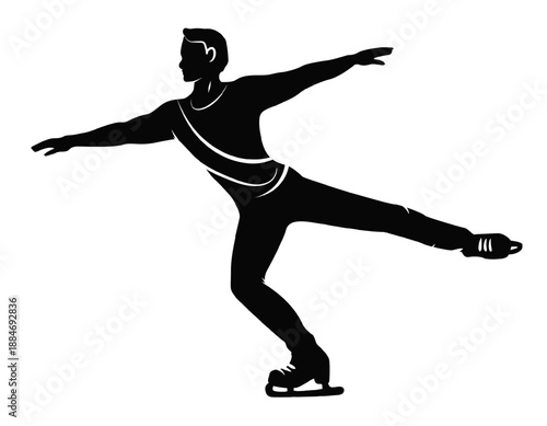 Black vector silhouette of figure skater performing one leg glide with arms extended. Winter ice skating athlete in balance pose. Hand drawn minimal flat sport icon isolated on white background.