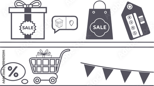 Sale Icons Illustration: A collection of sale-themed icons, including a gift box, shopping bag, price tag, shopping cart, and percentage symbol, symbolizing savings and special offers.