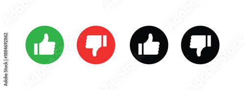 Four Circular Icons Representing "Like" and "Dislike" in Green, Red, Black, and White Color Variations for Positive and Negative Feedback