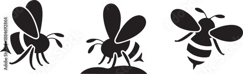 3 Bees in Flying, Landing and Hovering Poses — Black and White Silhouette Vector Illustration for Insect Nature Design.
