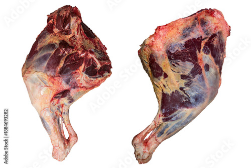two beef thighs on a white background, from the front and back