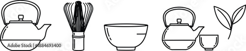 Collection of matcha tea ceremony icons including whisk and bowl