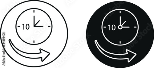 Clock icon, time zone change, daylight saving symbol, vector graphic, black and white style, time adjustment, digital interface element, -10 hours