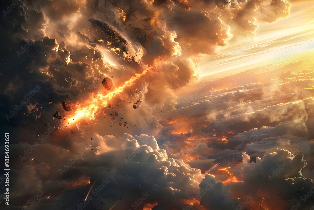 Obraz premium Apocalyptic meteor streaking across dramatic sky toward earth - catastrophic impact concept