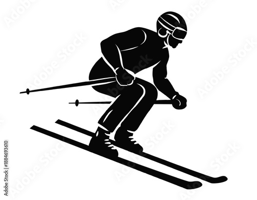Black vector silhouette of alpine skier descending slope with poles. Winter downhill skiing athlete in racing stance. Flat minimal sport illustration isolated on transparent background