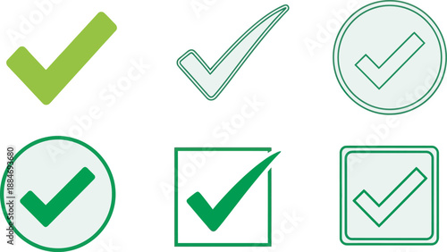 Collection of green checkmark icons in various shapes and styles