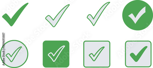 Collection of green checkmark icons in various shapes and colors