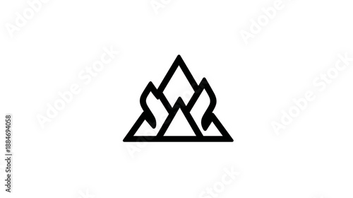 Minimalist black and white graphic depicting a mountain range. The design is simple, stylized