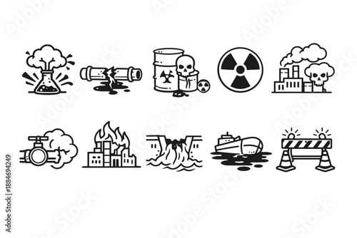 Environmental Pollution, Industrial Waste and Hazard Icons Set