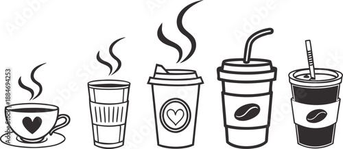 A Symphony of Coffee Delights: A collection of various coffee cups, each exuding the inviting essence of a freshly brewed cup of coffee. From the classic coffee cup to the convenience of to-go cups.