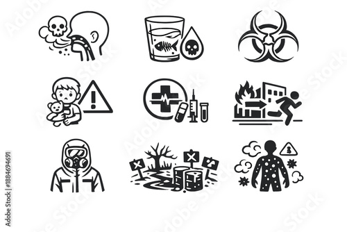 Environmental Health Risks and Hazard Safety Icons Set