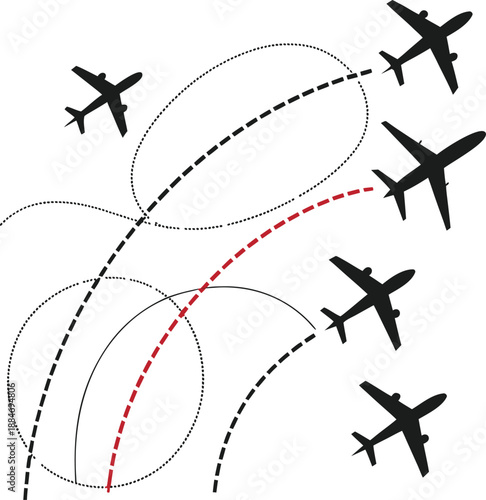 Aviation Route Diagram: An artistic illustration depicts the intricate flight paths of multiple airplanes weaving through the sky. Showcasing the convergence of multiple flight path.