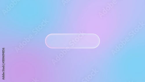 Minimalist glass liquid button in glassmorphism style with rounded corners on a soft blue and pink gradient background, ideal for a modern user interface, application interface, web banner, template.